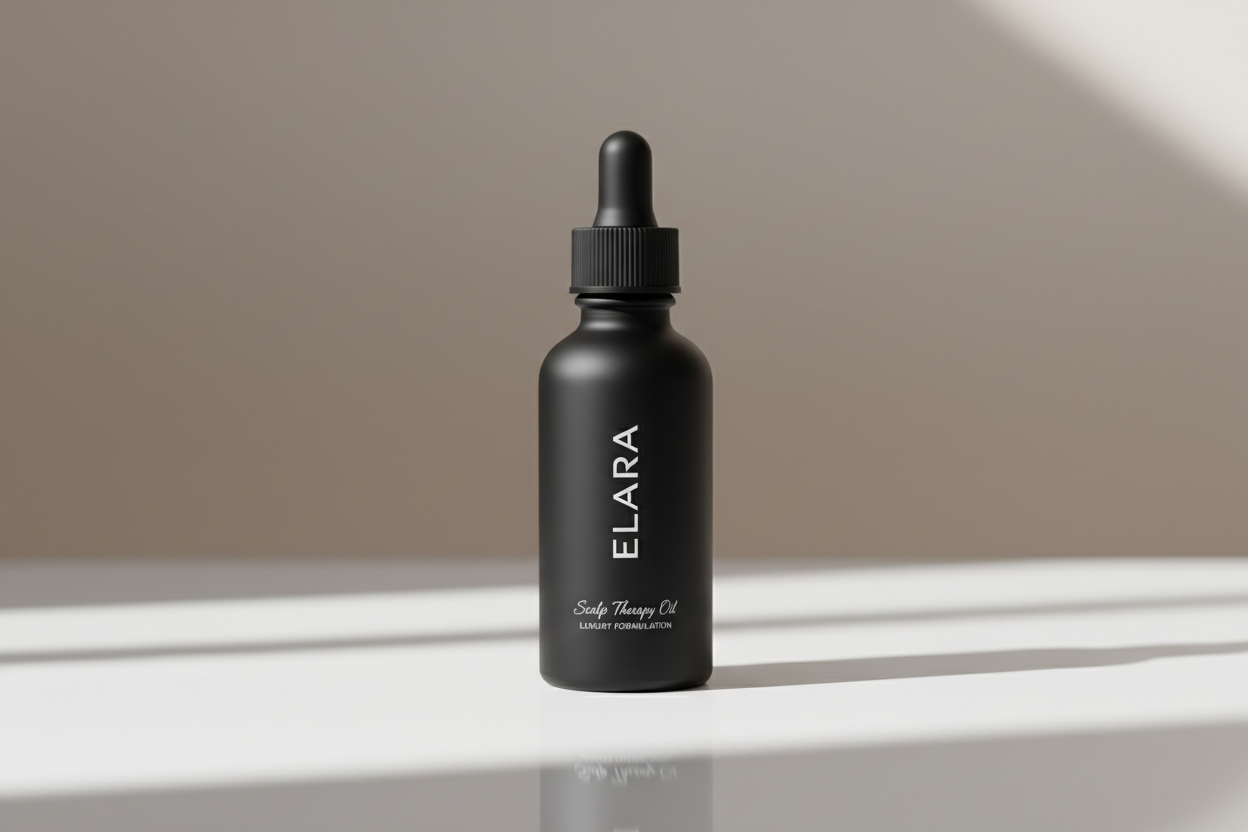 ELARA Scalp Therapy Hair Oil on glossy reflective surface