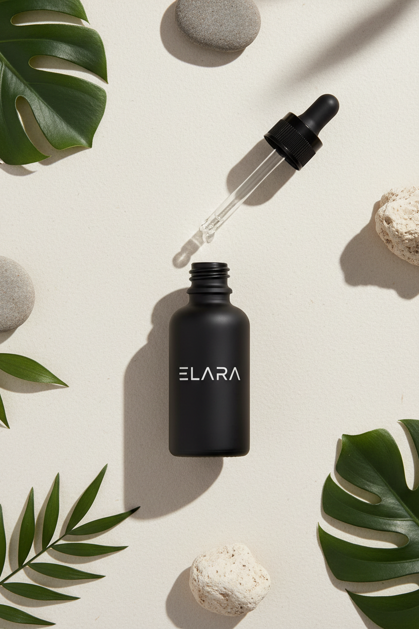 ELARA Ceramide Repair Serum matte black dropper bottle front view