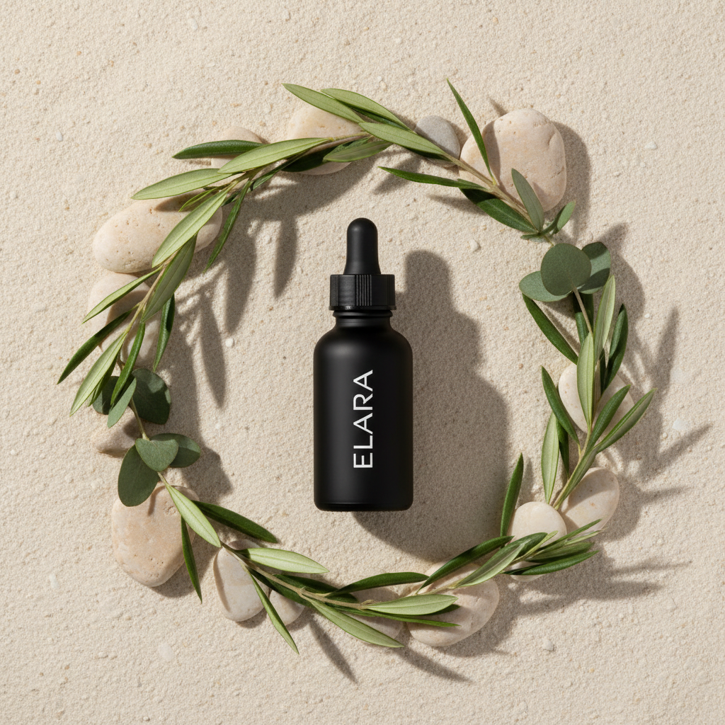 ELARA Ceramide Repair Serum flat lay with botanicals and stones