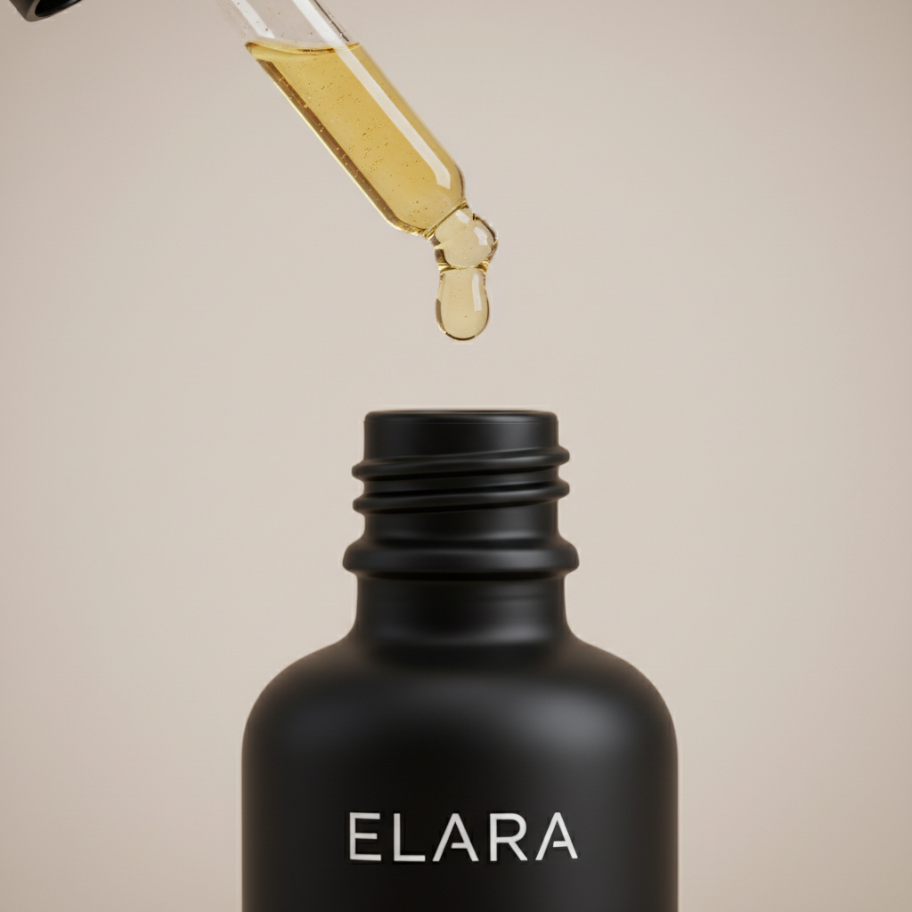 ELARA Scalp Therapy Hair Oil macro shot of golden oil droplet